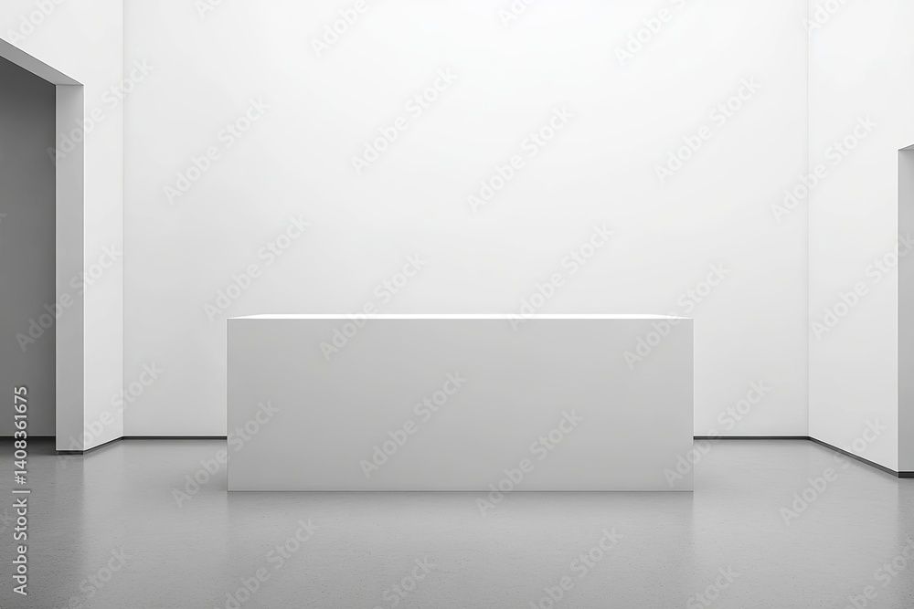 Poster minimalist display in a gallery with a white cube and a grey floor and white walls and a doorway