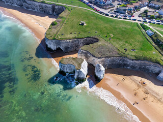 Aerial view of the beautiful Botany Bay Beach at the coast of England, Kent, with white limestone...