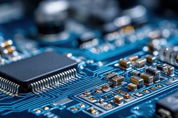 Detailed macro shot of a modern computer motherboard highlighting intricate electronic components, circuits, and connectivity for advanced technology development.