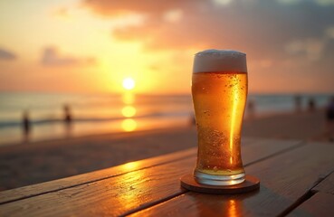 Glass light beer with foam bubbles on sea beach at sunset. Golden hour lager on wooden table. Refreshing drink on sand shore, holiday. Vacation beverage, alcohol drink.
