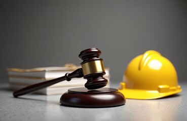 Gavel, yellow hard hat construction law concept. Legal proceedings related to building, property, construction site, real estate, architecture, engineering. Courtroom, justice system, legal issues.