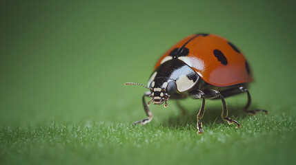 Fototapeta premium Detailed Macro Image of a Red and Black Ladybug on Green Leaf with Bokeh Background