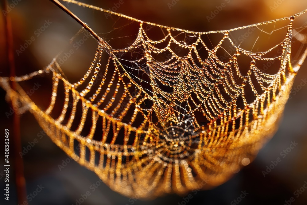 Poster close-up of a spiderweb covered in dewdrops, shimmering golden in the soft sunlight, creating a deli