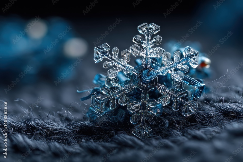 Poster a macro photograph captures the intricate details of a single, delicate snowflake resting on a woven