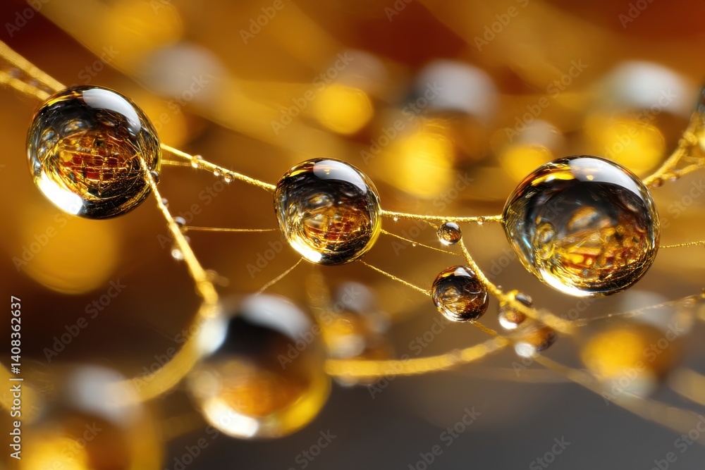 Poster close-up shot of water droplets clinging to a golden, thread-like surface, showcasing intricate refl