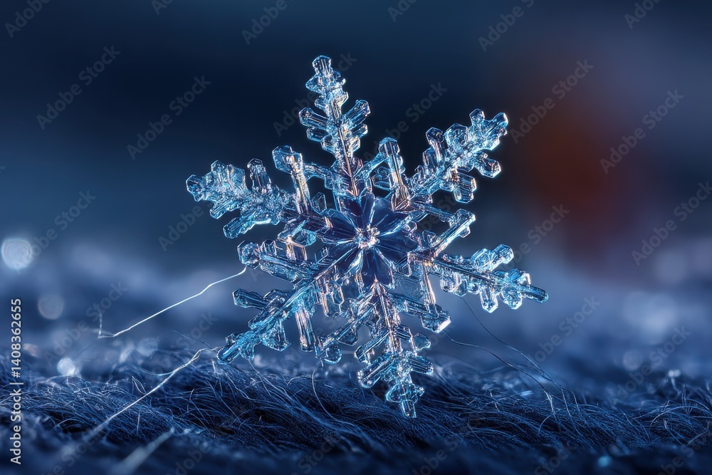 Poster close-up shot showcasing the intricate beauty and delicate structure of a single snowflake, displayi