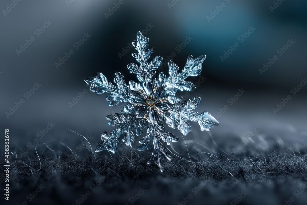 Aufkleber a macro shot of a beautiful, intricate snowflake on a soft, textured surface, capturing the delicate