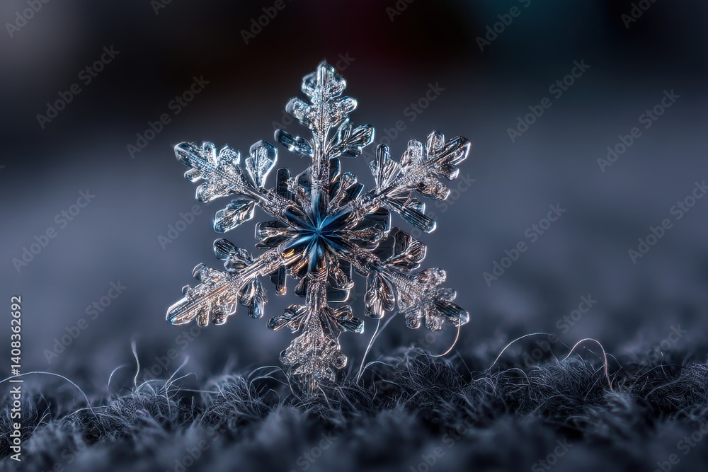 Poster an intricate macro shot of a single, crystalline snowflake resting on a soft, textured surface, show