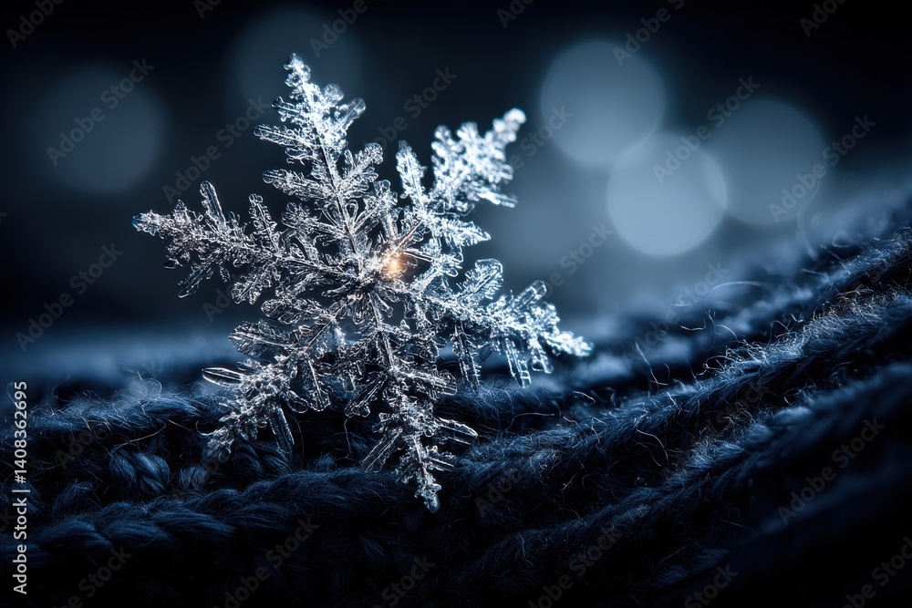 Poster macro photograph of a single snowflake resting on a dark blue knitted sweater, featuring intricate c