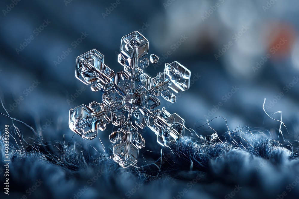 Poster an intricate macro photograph capturing the delicate structure of a single snowflake, highlighting i