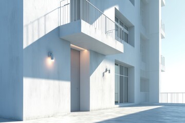 Obraz premium Exterior of a minimalist white building with balconies, illuminated by soft sunlight, creating a modern and architectural scene, featuring clean lines and geometric shapes.