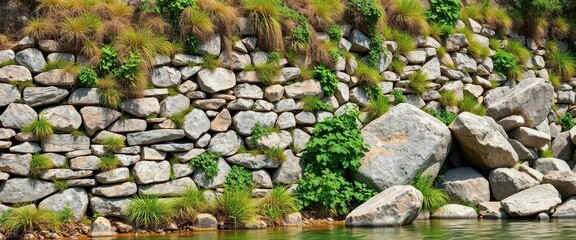 Rough-hewn stone riverbank wall, wild vegetation, boulders, ruderal, nature
