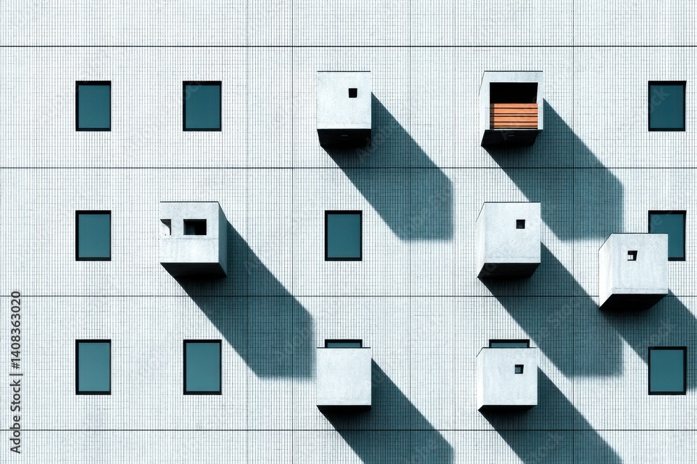 Poster geometric architecture of a modern building facade with cubic balconies and windows, creating a stri