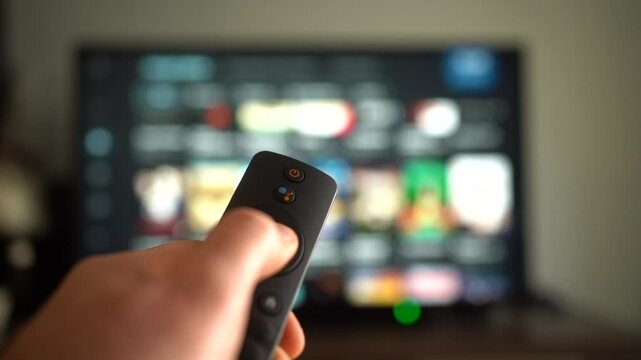 A person holds a remote in front of a vibrant TV screen, ready to browse and enjoy shows