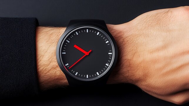 Wristwatch on wrist with black suit sleeve, showing modern minimalist timepiece design with red hands and monochrome style.