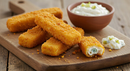 Naklejka premium Crispy Fish Sticks And Creamy Tartar Sauce Served On Wooden Board