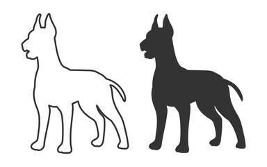 Great Dane Dog Standing dog silhouette and outline minimal vector illustration 