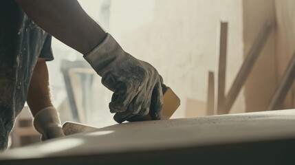 A construction worker sanding drywall at a building site. Featuring finishing and drywall work