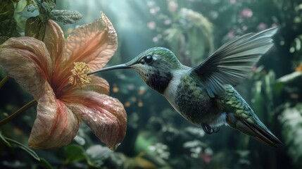 Fototapeta premium A beautiful hummingbird is near to a blooming flower