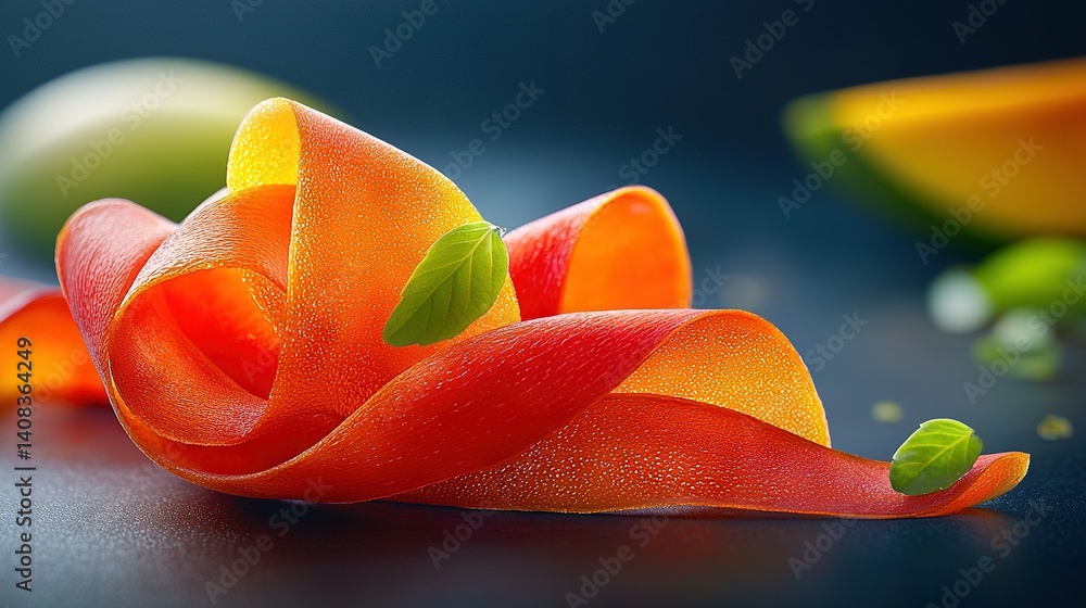 Poster a close-up of a flower on a table next to a banana and a piece of fruit on a table