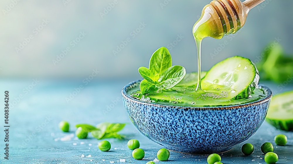 Poster a blue bowl overflowing with a cucumber and a drizzle of honey on top of the cucumber