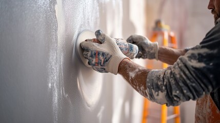 A construction worker sanding drywall at a construction site. Featuring finishing work and sanding
