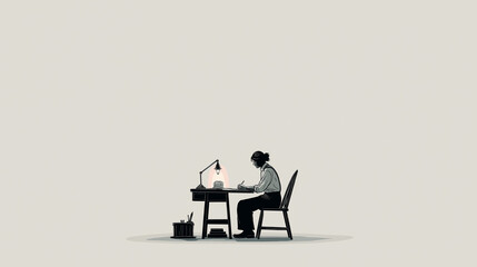 A person sketching alone at a desk with a small lamp