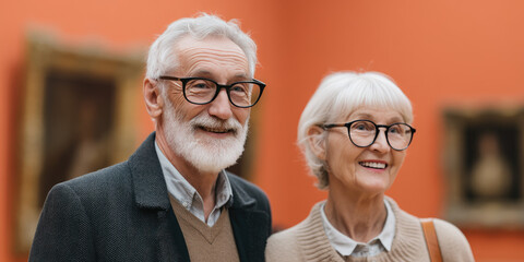 An old man and woman, a couple of joyful retirees in an art gallery looking at a painting