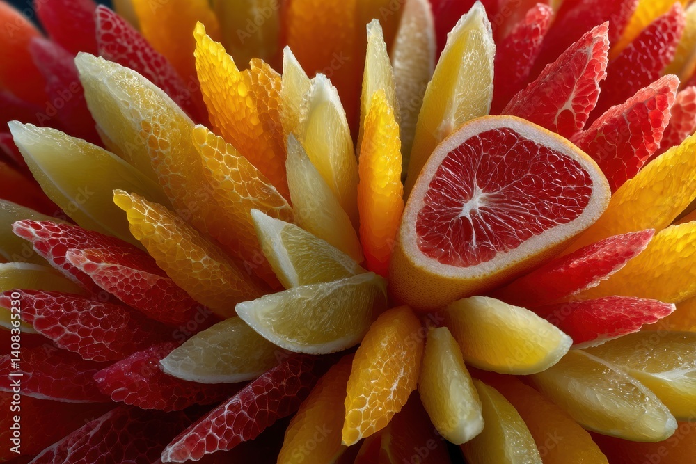 Poster a colorful arrangement of citrus fruit slices, showcasing a vibrant combination of oranges, lemons, 