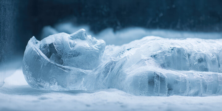 Frozen human encapsulated in ice, illustration of cryonics and the preservation of life, freezing technology. 