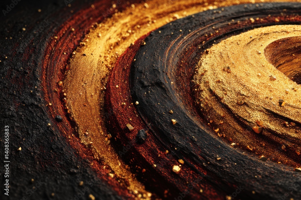 Poster abstract background with swirling layers of gold, black and brown texture, creating a dynamic and lu
