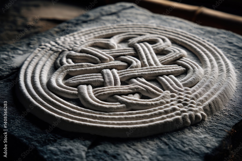 Poster an intricately designed celtic knot made of flour on a stone surface, creating a visually appealing 