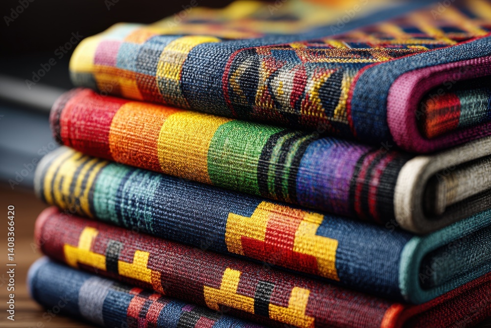 Poster a stack of colorful textured fabrics with intricate patterns and varied color schemes, demonstrating