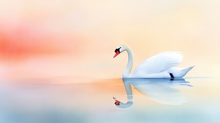 Fototapeta premium A white swan floats on water against a red-yellow backdrop, reflecting its head below