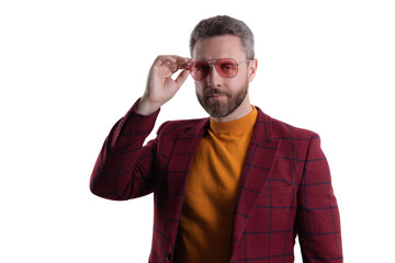 Portrait of business man. Man wearing jacket and sunglasses. Handsome male model in jacket isolated...
