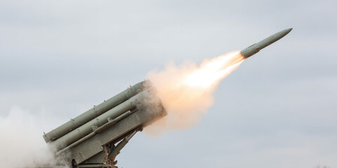Missile launch system with rockets, military defense strength. Arming the country, threat of missile attack 