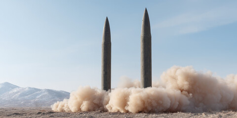 Missile launch system with rockets, military defense strength. Arming the country, threat of missile attack 