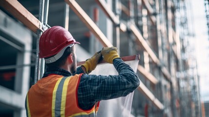 A construction worker securing safety netting at a building site. Featuring safety protocols and site security