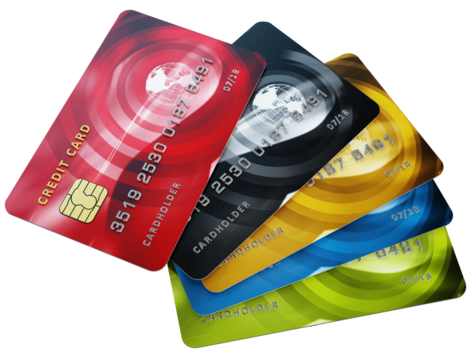 Credit card standing on laptop keyboard on transparent background