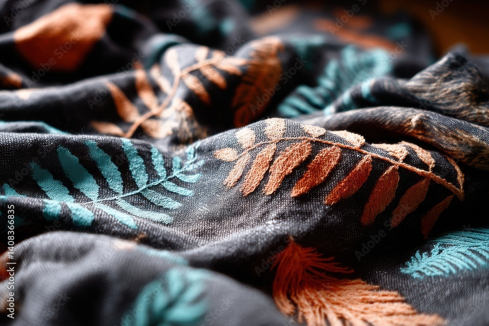 Poster close-up of a soft, patterned fabric featuring embroidered leaf motifs in teal and orange, creating 