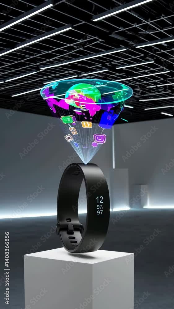 Poster futuristic smartwatch hologram display with global connectivity and interactive features