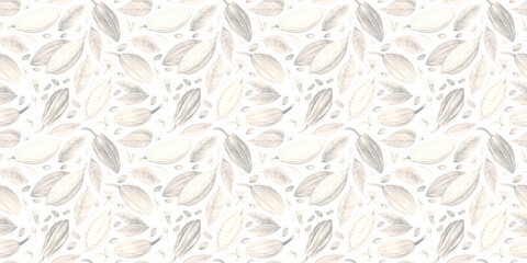 Chocolate tree pods and cocoa beans. Black and white Seamless pattern. Cacao fruit. Watercolor illustration. Hand drawn in pastel colors for packaging, textiles and botanical designs.