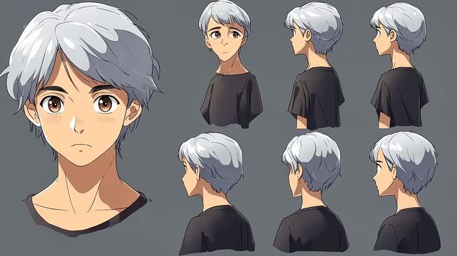 Anime Boy Character Design Sheet: Multiple Angles and Expressions