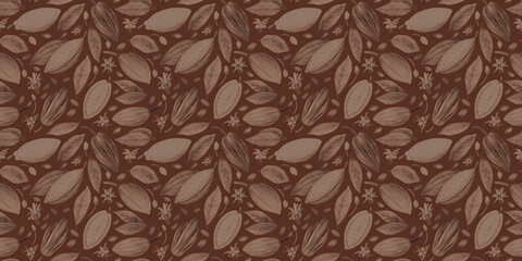 Chocolate tree pods and cacao beans. Seamless pattern. Cacao fruit. Watercolor illustration. Hand drawn in pastel colors for packaging, textiles and botanical designs.