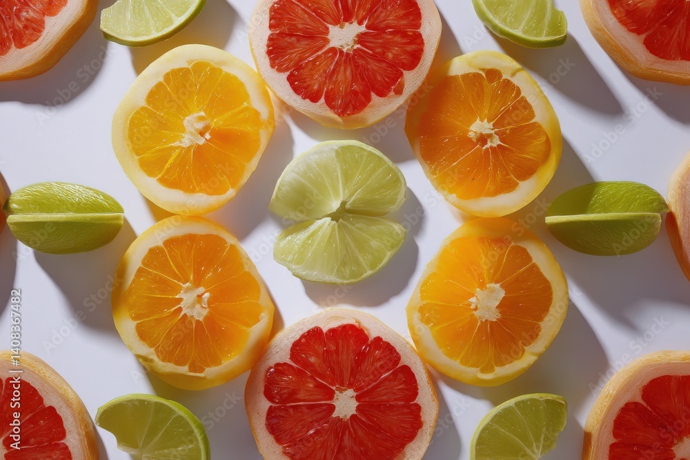 Poster vibrant citrus fruit slices arranged on a clean white surface, creating a fresh and colorful pattern