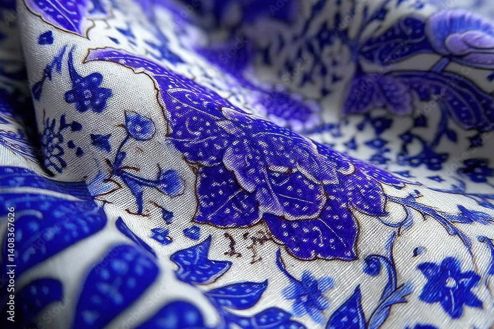 Poster close-up view of an elegant blue and white floral pattern fabric with intricate designs, displaying 