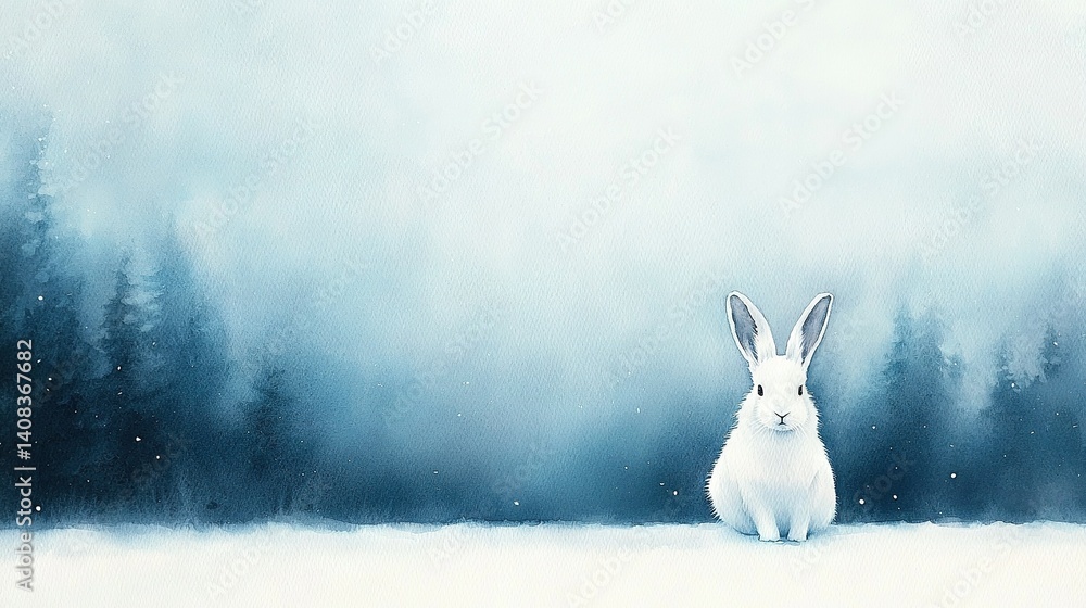 Poster a white rabbit sits in the snow, in front of a forest with snowfall on the ground and trees in the b