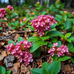 Low-lying Bunchberry, Cornus canadensis, blossoms vibrant pink on forest floor, foliage, forest, flower