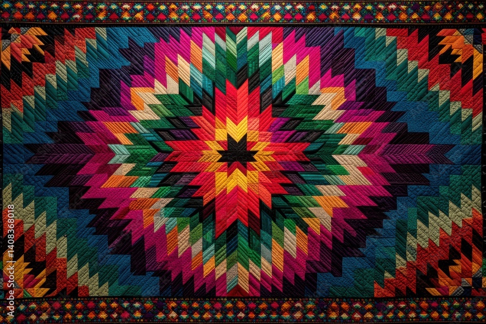 Poster a vibrant and intricate handcrafted quilt featuring a starburst pattern with radiating colorful tria