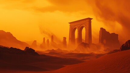 Ancient ruins at sunset desert landscape digital art surreal environment wide angle view mystical concept